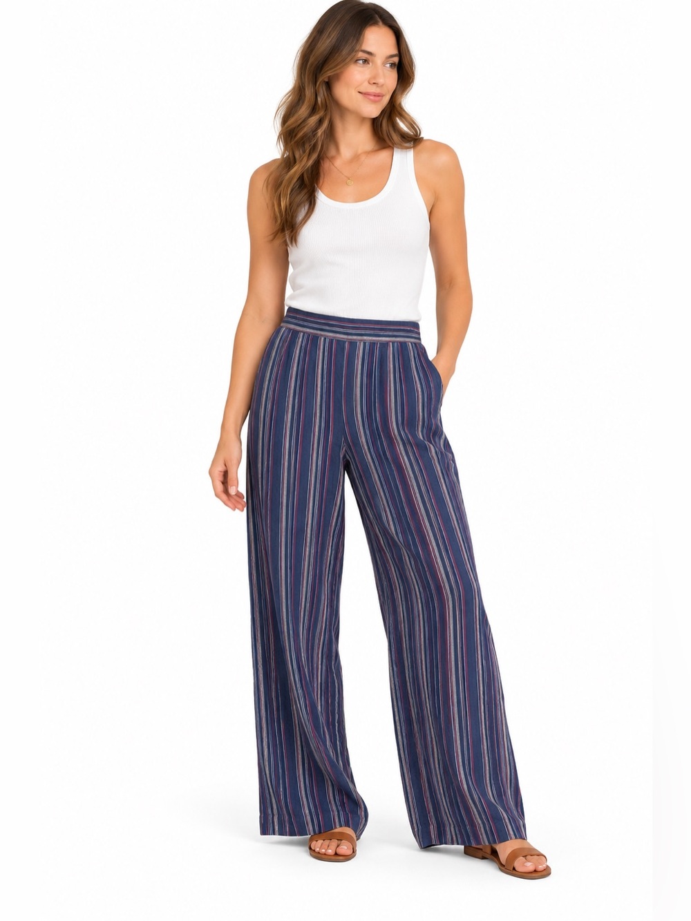 Coldwater Creek Pants Womens Small Linen Blend Striped Wide Leg Pull On Blue